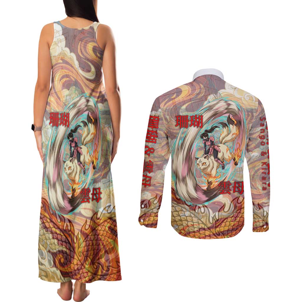 Sango and Kirara Inuyasha Series Couples Matching Tank Maxi Dress and Long Sleeve Button Shirt Mythical Anime Style with Flame and Scale Motif