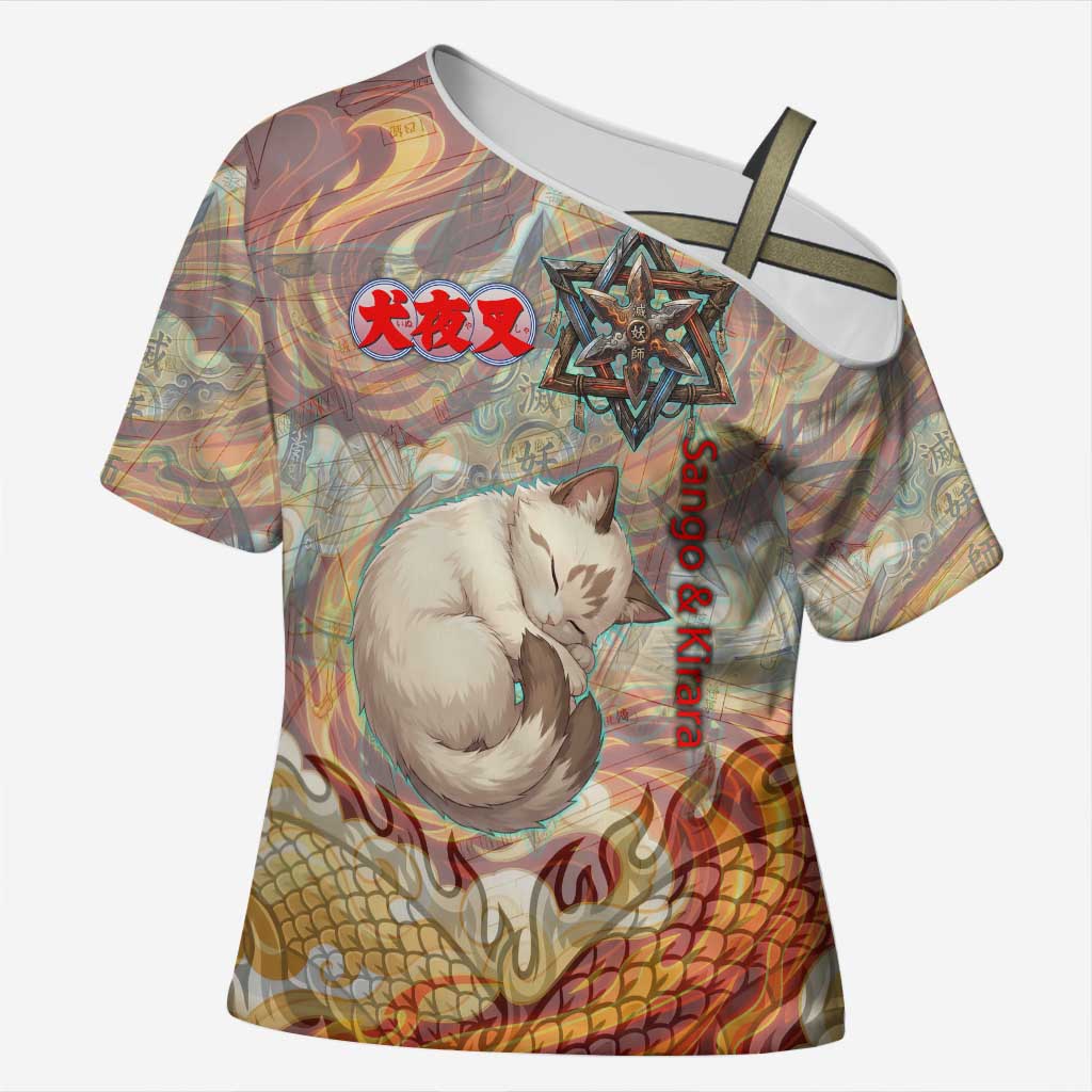 Sango and Kirara Inuyasha Series Cross Shoulder Shirt Mythical Anime Style with Flame and Scale Motif
