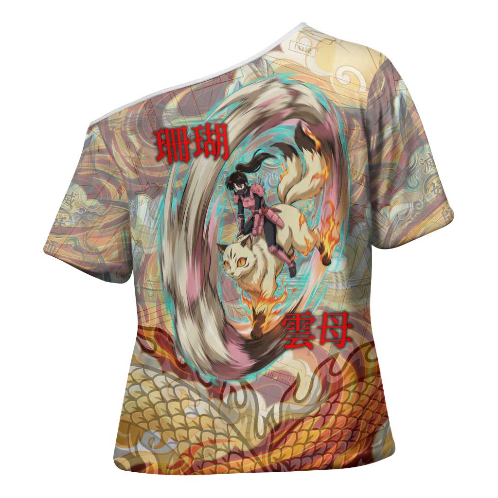 Sango and Kirara Inuyasha Series Cross Shoulder Shirt Mythical Anime Style with Flame and Scale Motif