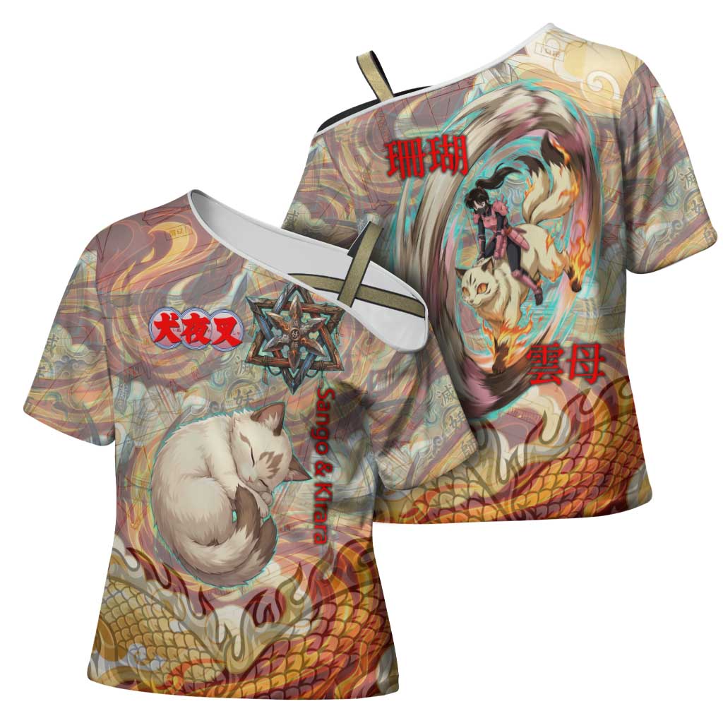 Sango and Kirara Inuyasha Series Cross Shoulder Shirt Mythical Anime Style with Flame and Scale Motif
