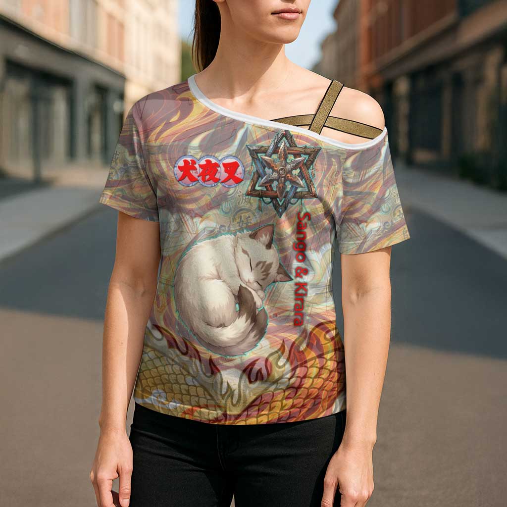 Sango and Kirara Inuyasha Series Cross Shoulder Shirt Mythical Anime Style with Flame and Scale Motif