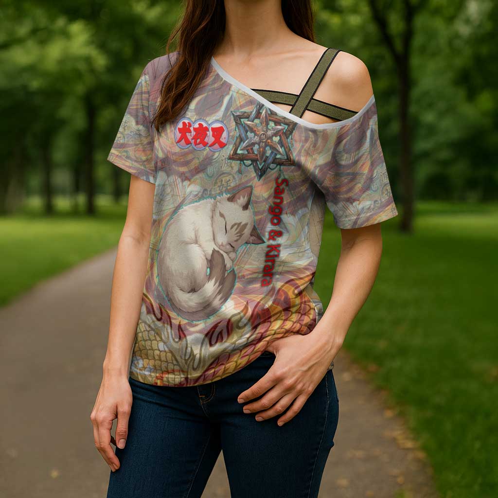 Sango and Kirara Inuyasha Series Cross Shoulder Shirt Mythical Anime Style with Flame and Scale Motif