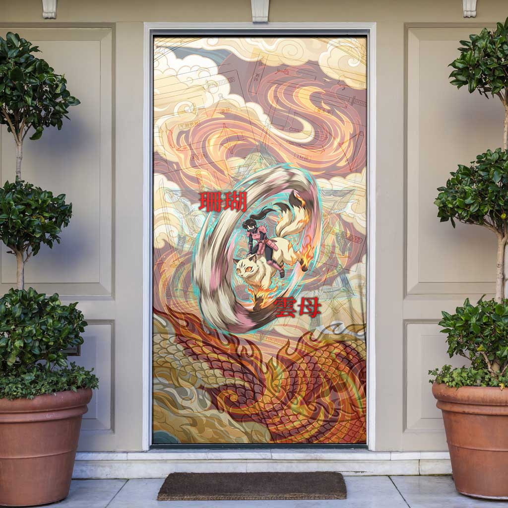 Sango and Kirara Inuyasha Series Door Cover Mythical Anime Style with Flame and Scale Motif