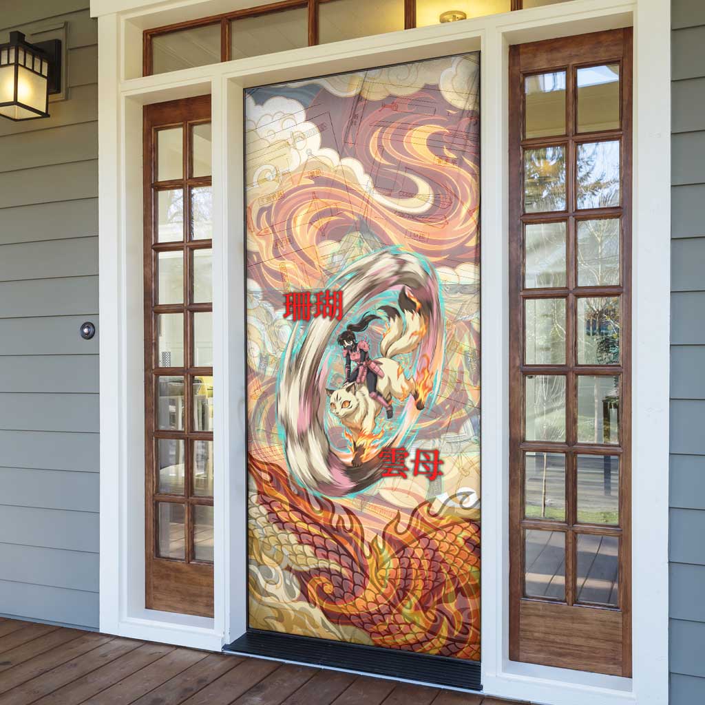 Sango and Kirara Inuyasha Series Door Cover Mythical Anime Style with Flame and Scale Motif