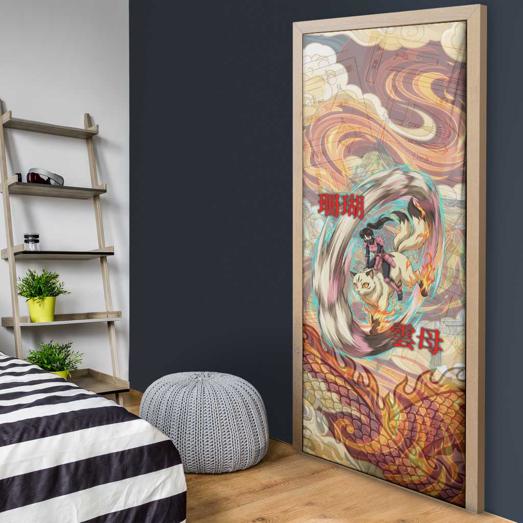 Sango and Kirara Inuyasha Series Door Cover Mythical Anime Style with Flame and Scale Motif