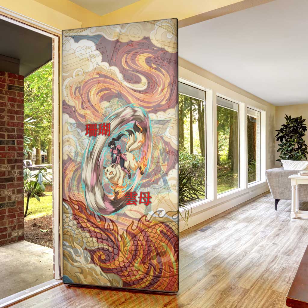 Sango and Kirara Inuyasha Series Door Cover Mythical Anime Style with Flame and Scale Motif