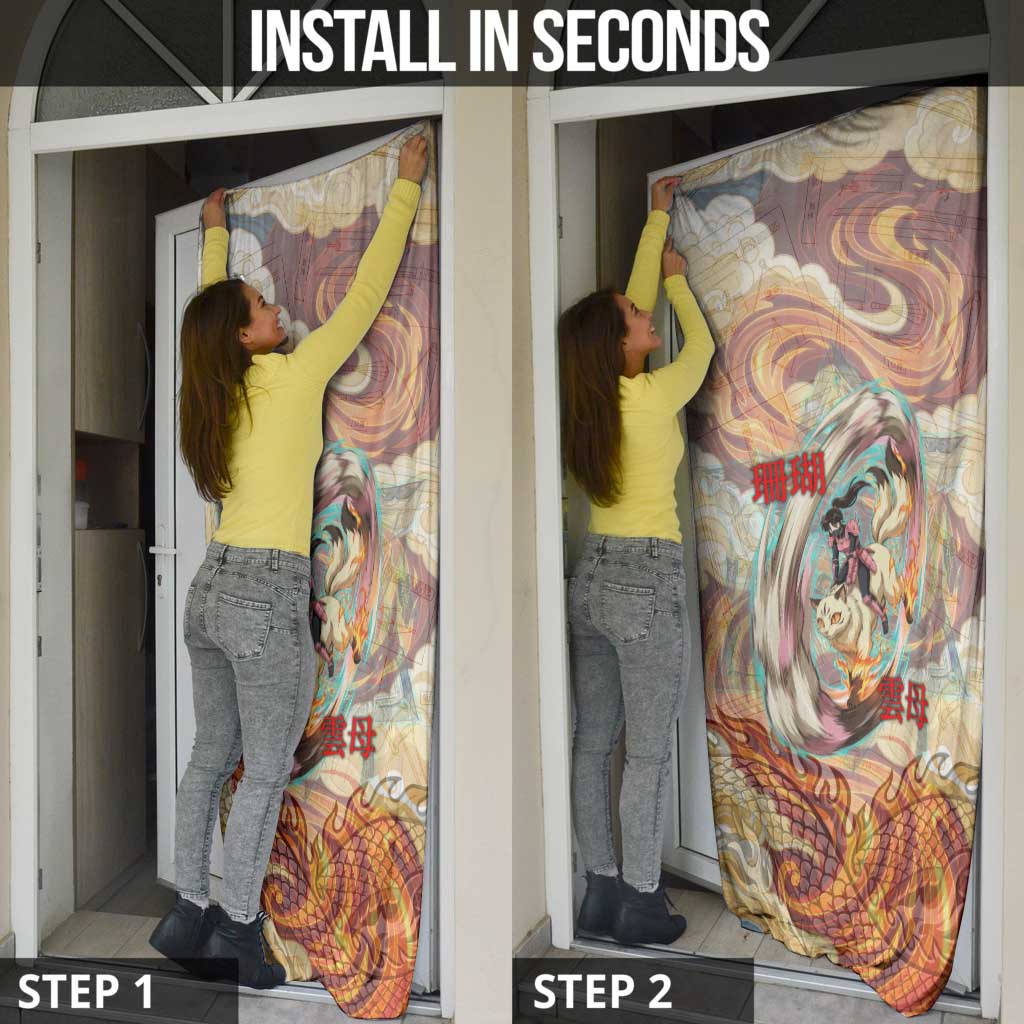 Sango and Kirara Inuyasha Series Door Cover Mythical Anime Style with Flame and Scale Motif