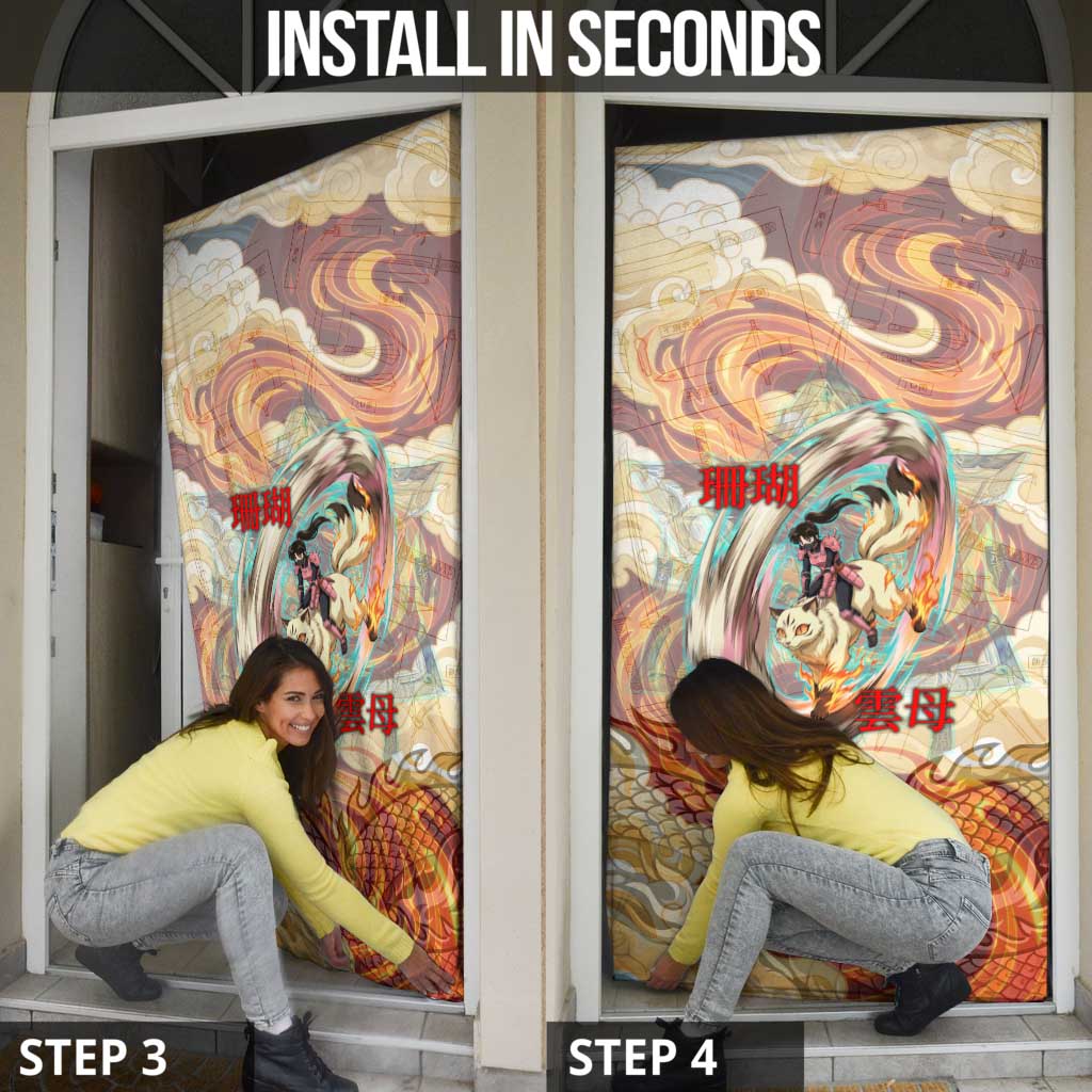 Sango and Kirara Inuyasha Series Door Cover Mythical Anime Style with Flame and Scale Motif