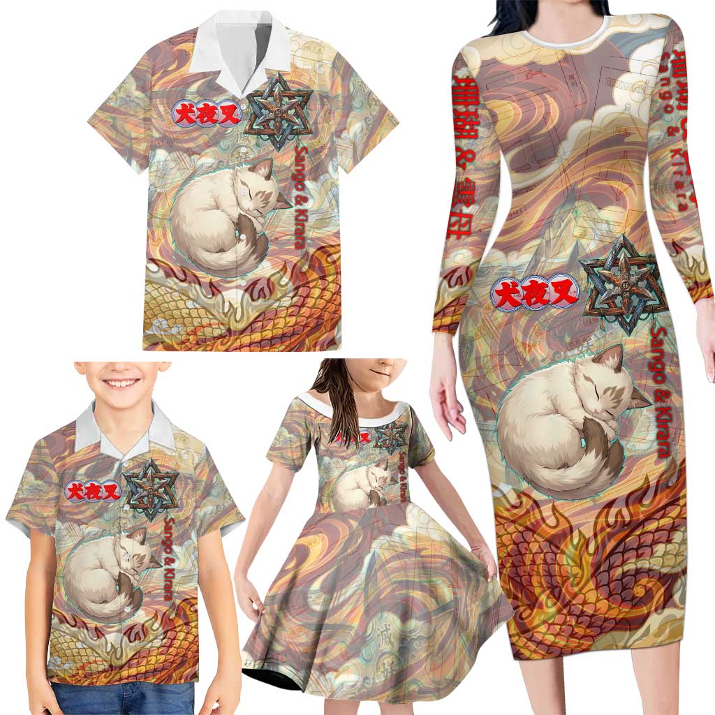 Sango and Kirara Inuyasha Series Family Matching Long Sleeve Bodycon Dress and Hawaiian Shirt Mythical Anime Style with Flame and Scale Motif