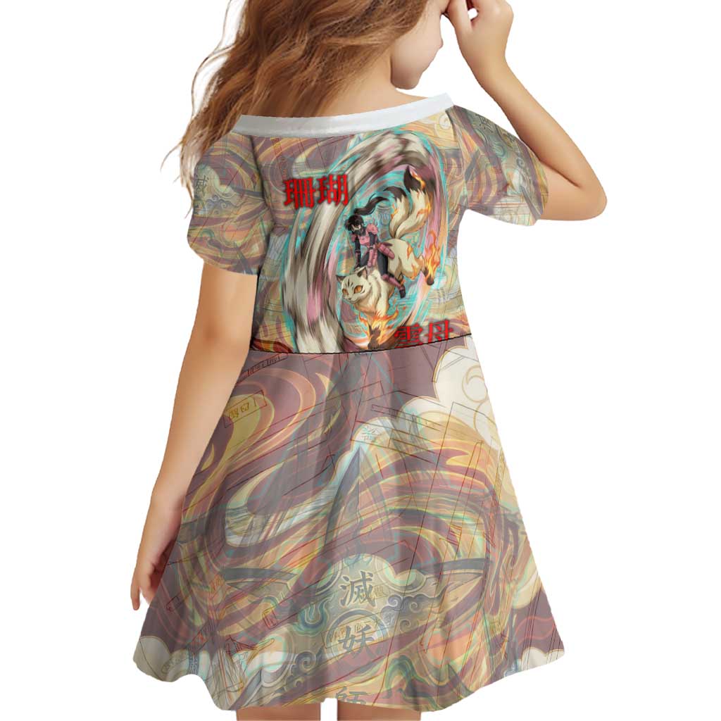 Sango and Kirara Inuyasha Series Family Matching Long Sleeve Bodycon Dress and Hawaiian Shirt Mythical Anime Style with Flame and Scale Motif