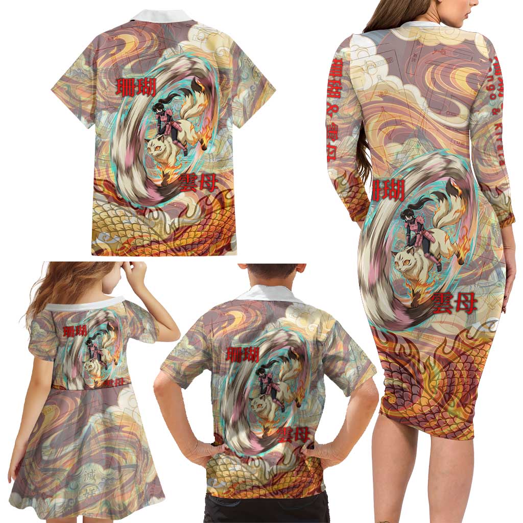 Sango and Kirara Inuyasha Series Family Matching Long Sleeve Bodycon Dress and Hawaiian Shirt Mythical Anime Style with Flame and Scale Motif