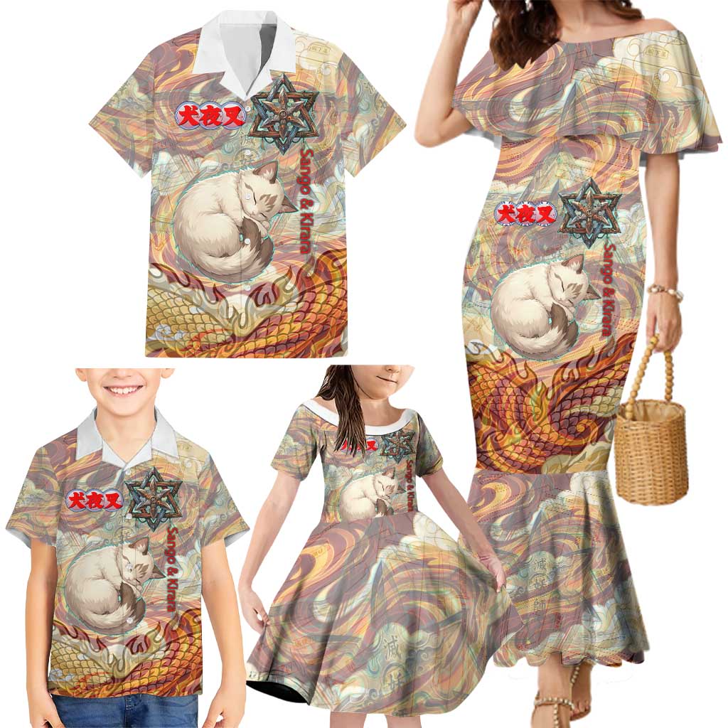 Sango and Kirara Inuyasha Series Family Matching Mermaid Dress and Hawaiian Shirt Mythical Anime Style with Flame and Scale Motif