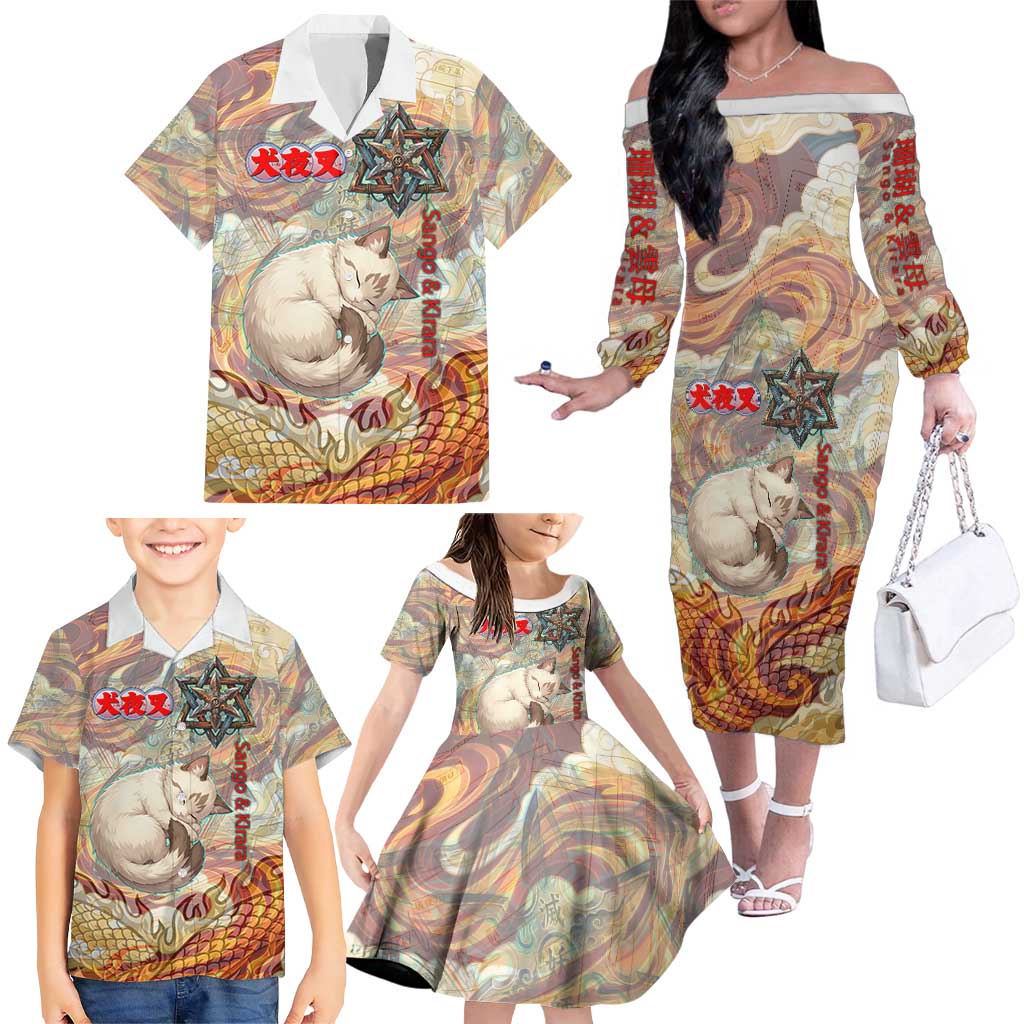 Sango and Kirara Inuyasha Series Family Matching Off The Shoulder Long Sleeve Dress and Hawaiian Shirt Mythical Anime Style with Flame and Scale Motif