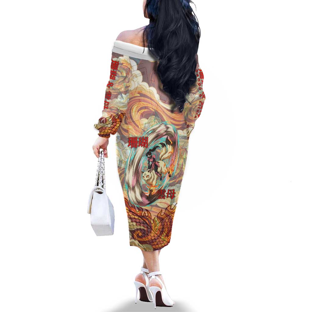 Sango and Kirara Inuyasha Series Family Matching Off The Shoulder Long Sleeve Dress and Hawaiian Shirt Mythical Anime Style with Flame and Scale Motif