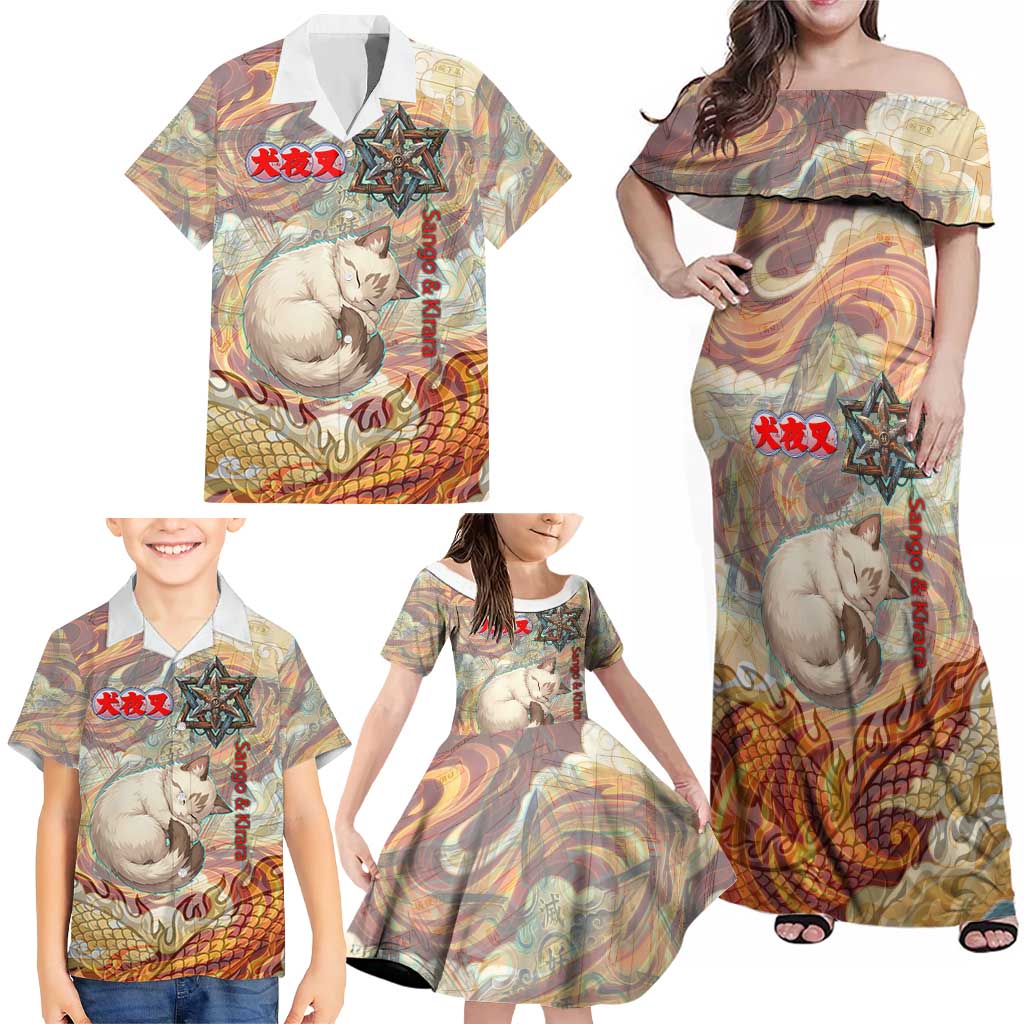 Sango and Kirara Inuyasha Series Family Matching Off Shoulder Maxi Dress and Hawaiian Shirt Mythical Anime Style with Flame and Scale Motif