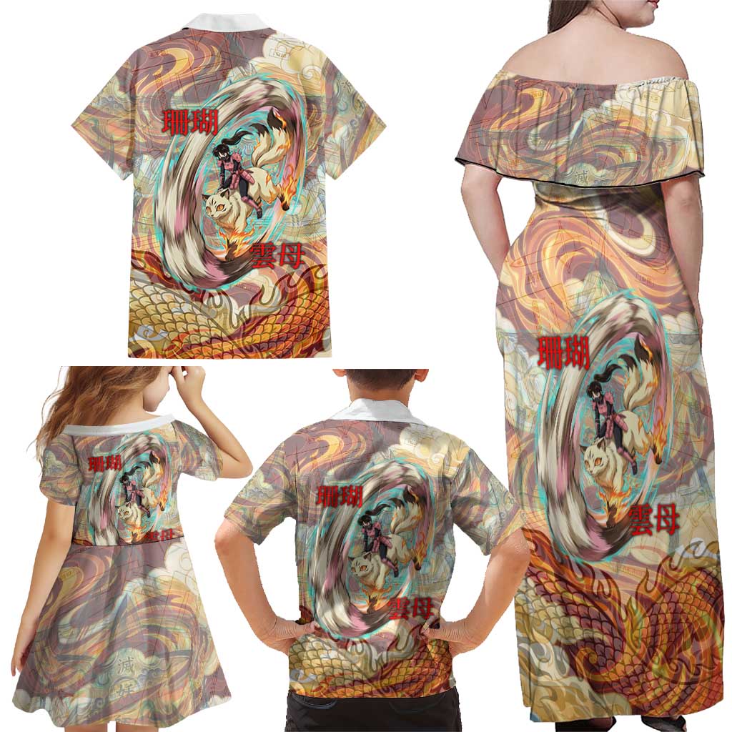 Sango and Kirara Inuyasha Series Family Matching Off Shoulder Maxi Dress and Hawaiian Shirt Mythical Anime Style with Flame and Scale Motif