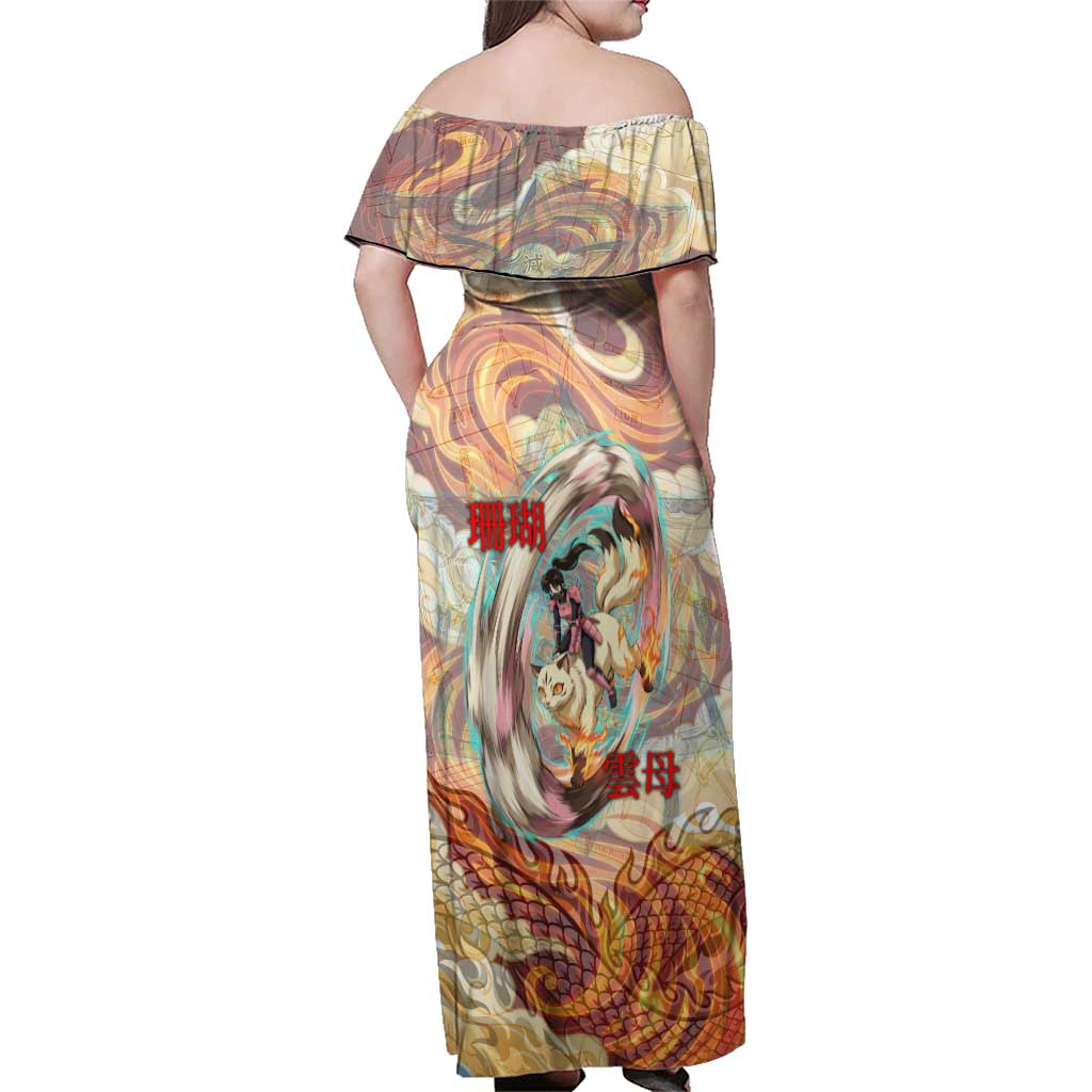 Sango and Kirara Inuyasha Series Family Matching Off Shoulder Maxi Dress and Hawaiian Shirt Mythical Anime Style with Flame and Scale Motif