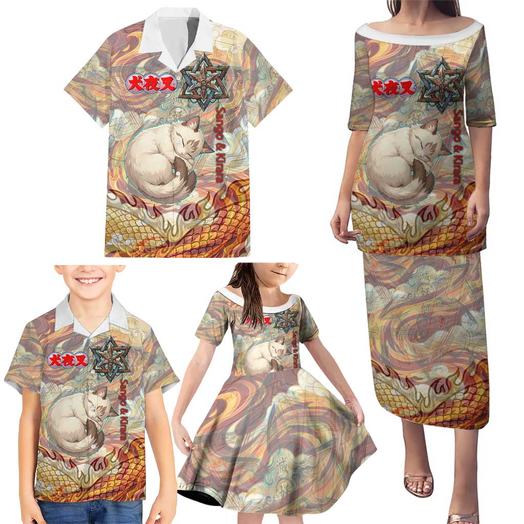 Sango and Kirara Inuyasha Series Family Matching Puletasi and Hawaiian Shirt Mythical Anime Style with Flame and Scale Motif