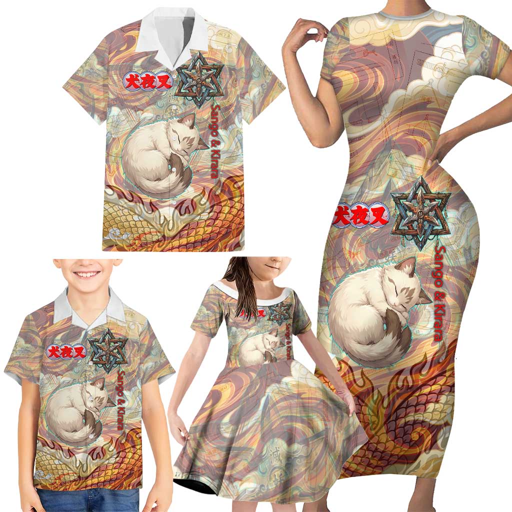 Sango and Kirara Inuyasha Series Family Matching Short Sleeve Bodycon Dress and Hawaiian Shirt Mythical Anime Style with Flame and Scale Motif