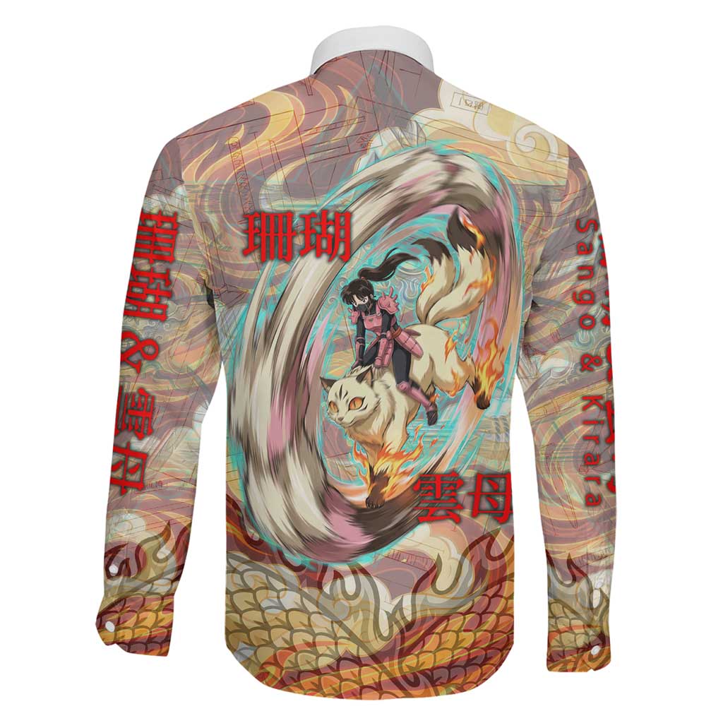 Sango and Kirara Inuyasha Series Family Matching Short Sleeve Bodycon Dress and Hawaiian Shirt Mythical Anime Style with Flame and Scale Motif