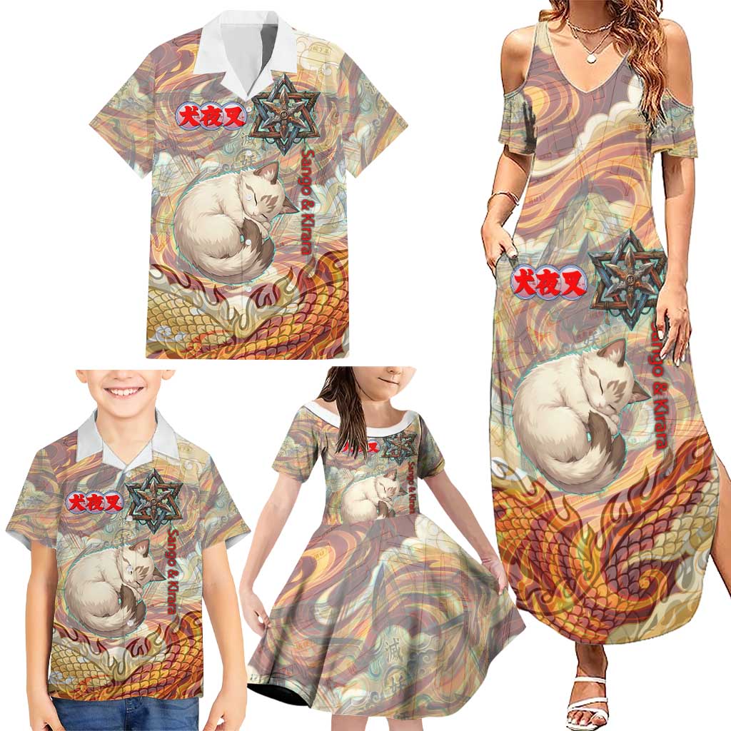Sango and Kirara Inuyasha Series Family Matching Summer Maxi Dress and Hawaiian Shirt Mythical Anime Style with Flame and Scale Motif