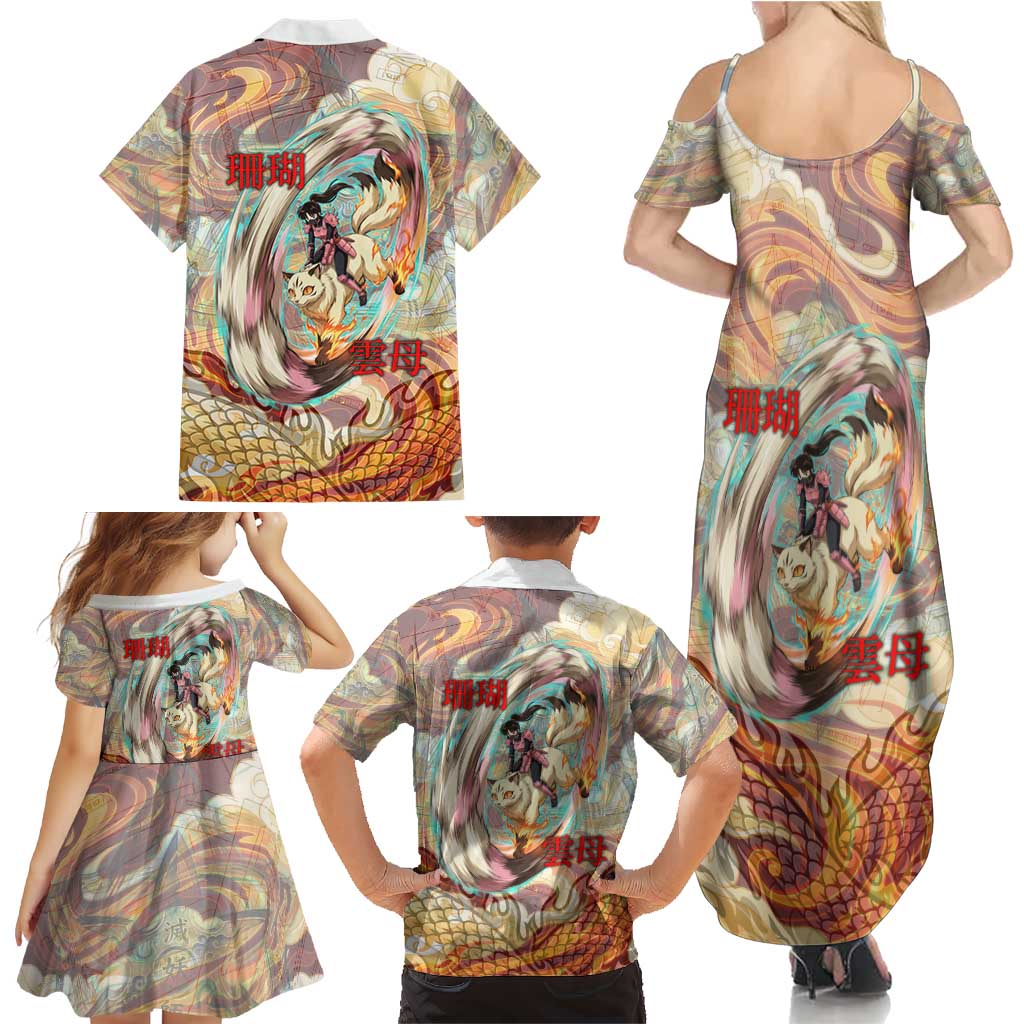 Sango and Kirara Inuyasha Series Family Matching Summer Maxi Dress and Hawaiian Shirt Mythical Anime Style with Flame and Scale Motif