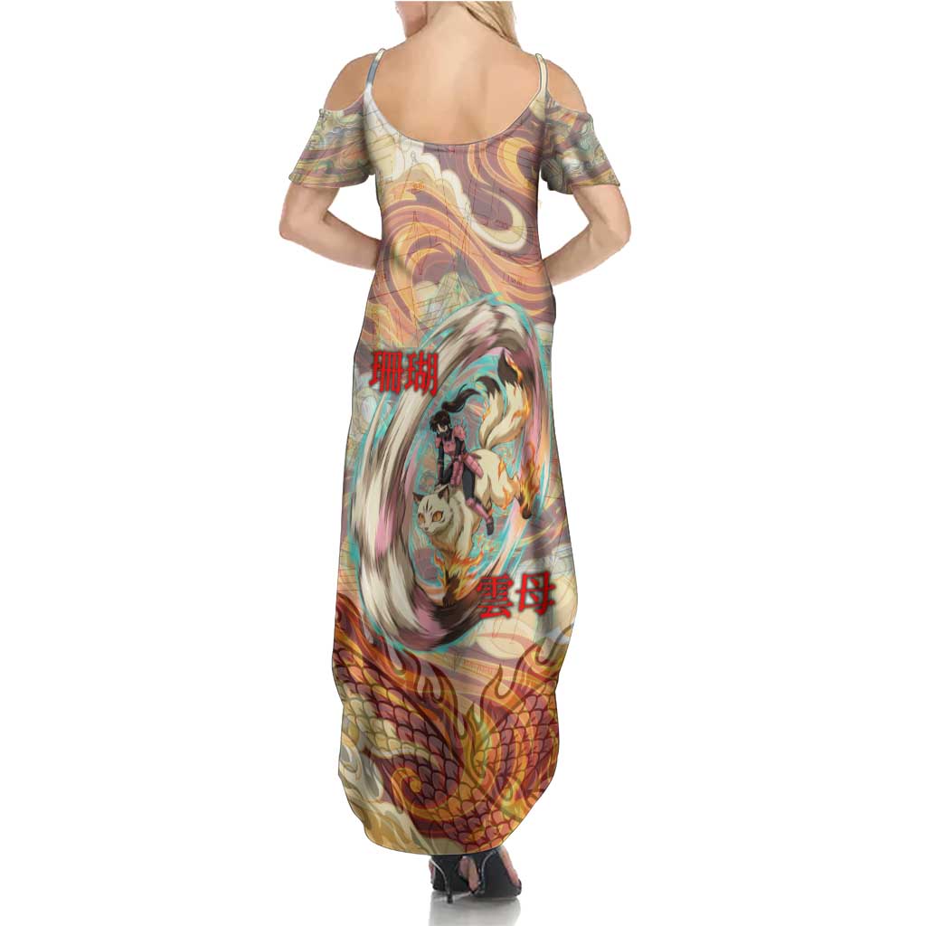 Sango and Kirara Inuyasha Series Family Matching Summer Maxi Dress and Hawaiian Shirt Mythical Anime Style with Flame and Scale Motif
