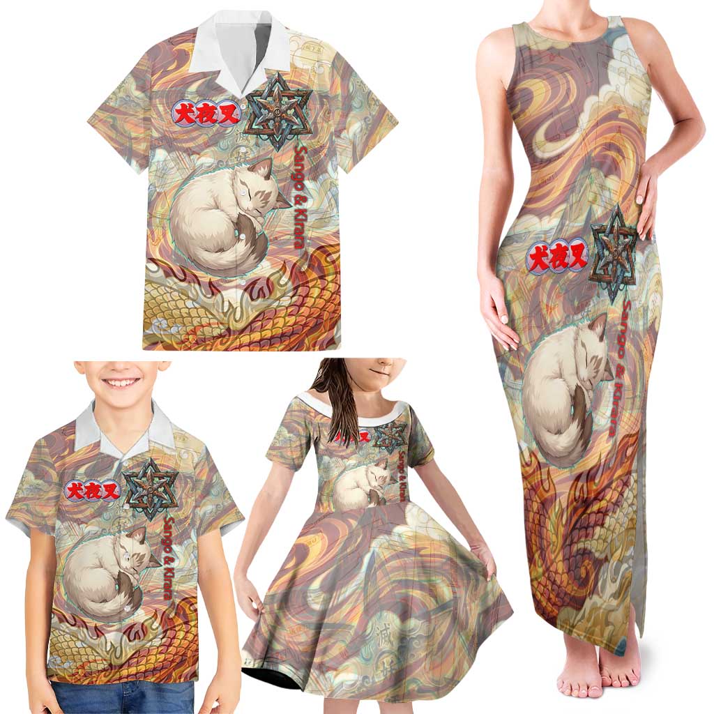 Sango and Kirara Inuyasha Series Family Matching Tank Maxi Dress and Hawaiian Shirt Mythical Anime Style with Flame and Scale Motif