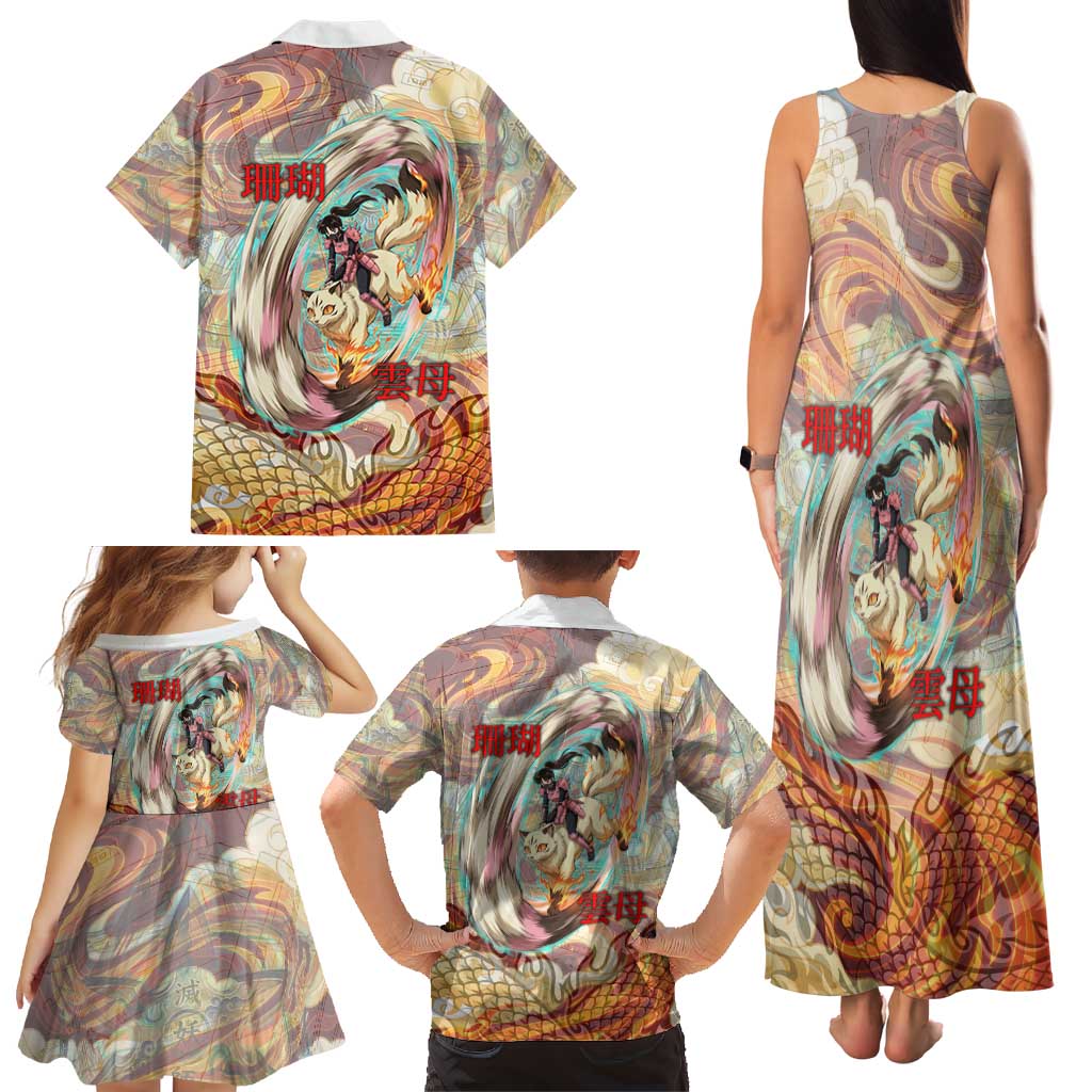 Sango and Kirara Inuyasha Series Family Matching Tank Maxi Dress and Hawaiian Shirt Mythical Anime Style with Flame and Scale Motif