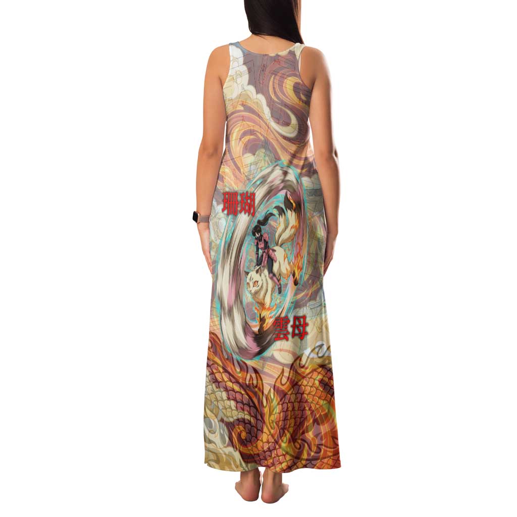 Sango and Kirara Inuyasha Series Family Matching Tank Maxi Dress and Hawaiian Shirt Mythical Anime Style with Flame and Scale Motif