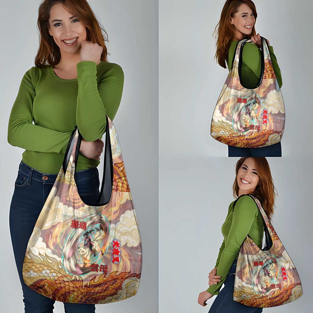 Sango and Kirara Inuyasha Series Grocery Bag Mythical Anime Style with Flame and Scale Motif
