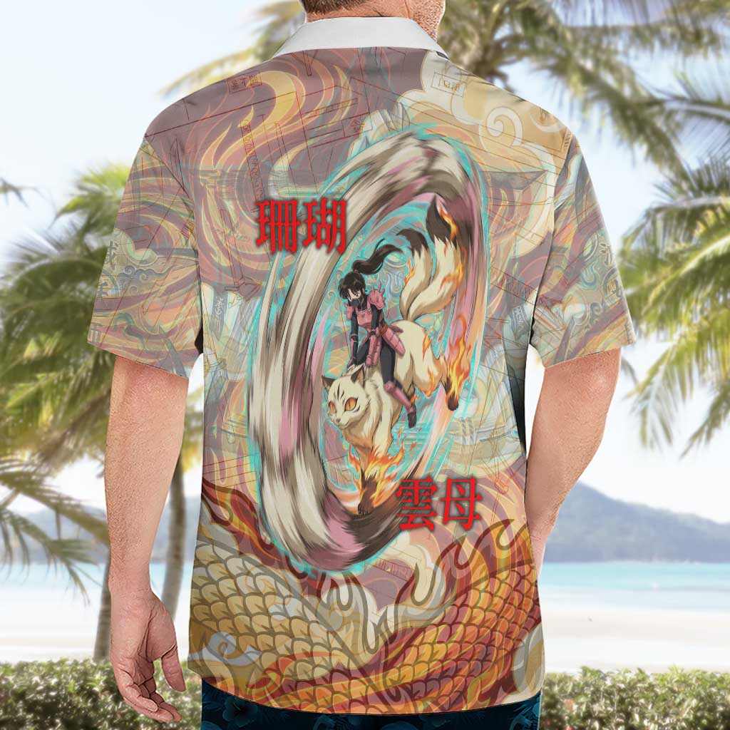 Sango and Kirara Inuyasha Series Hawaiian Shirt Mythical Anime Style with Flame and Scale Motif