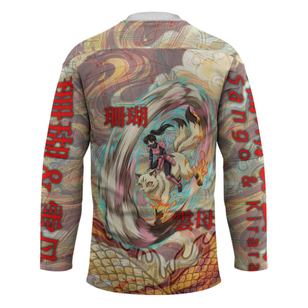 Sango and Kirara Inuyasha Series Hockey Jersey Mythical Anime Style with Flame and Scale Motif