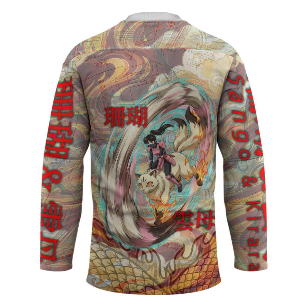 Sango and Kirara Inuyasha Series Hockey Jersey Mythical Anime Style with Flame and Scale Motif