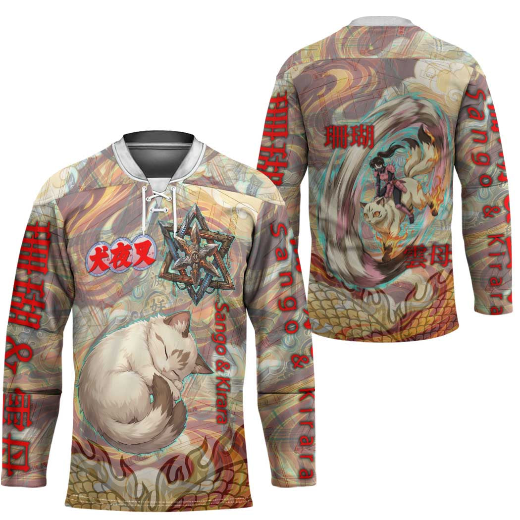 Sango and Kirara Inuyasha Series Hockey Jersey Mythical Anime Style with Flame and Scale Motif