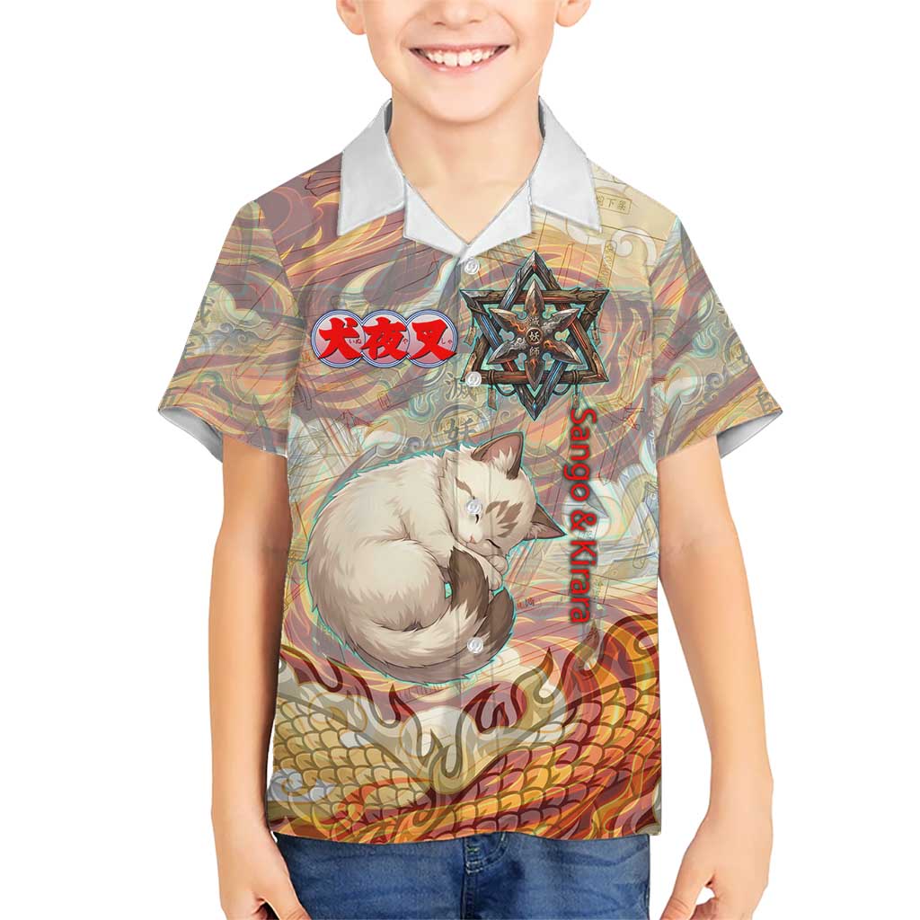 Sango and Kirara Inuyasha Series Kid Hawaiian Shirt Mythical Anime Style with Flame and Scale Motif