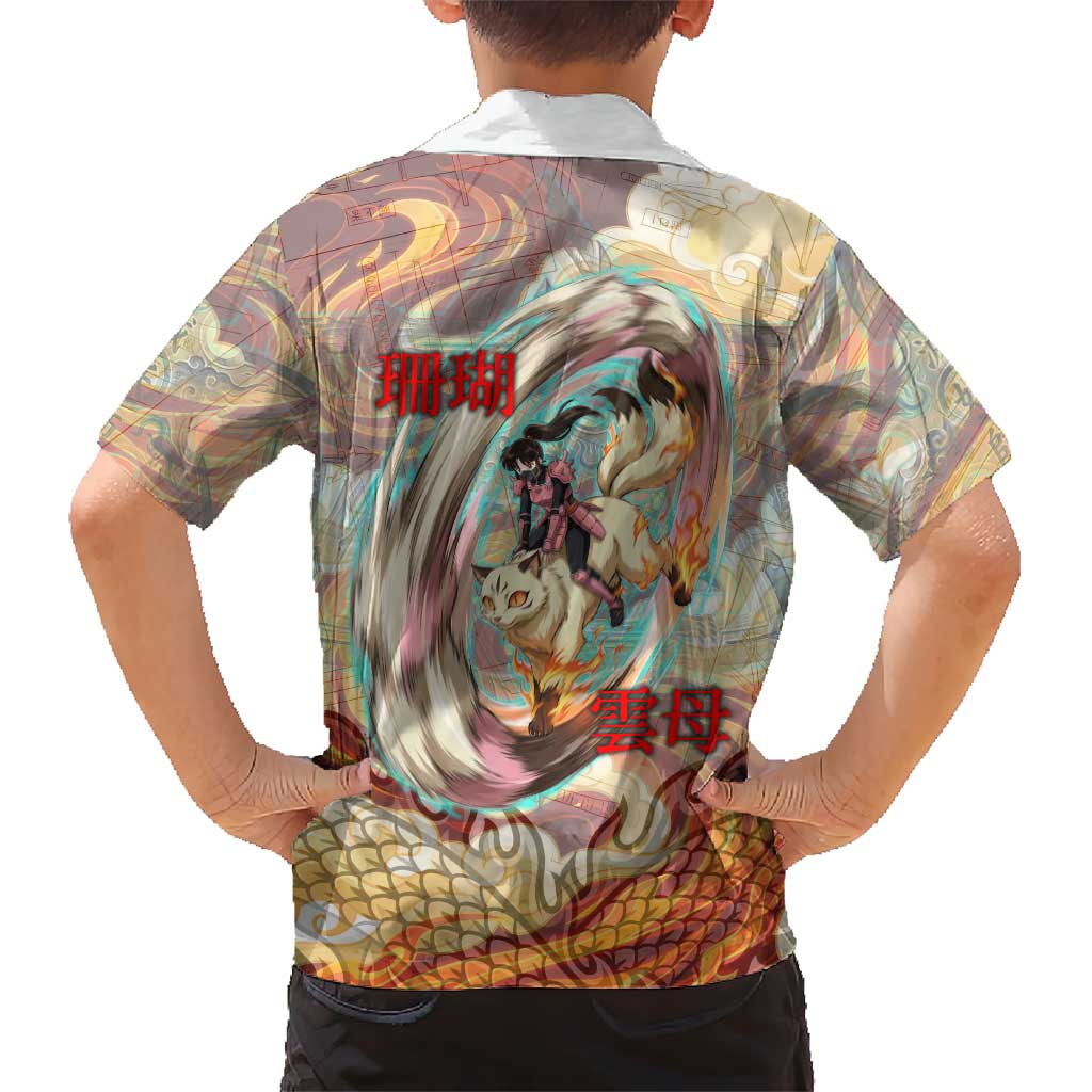 Sango and Kirara Inuyasha Series Kid Hawaiian Shirt Mythical Anime Style with Flame and Scale Motif