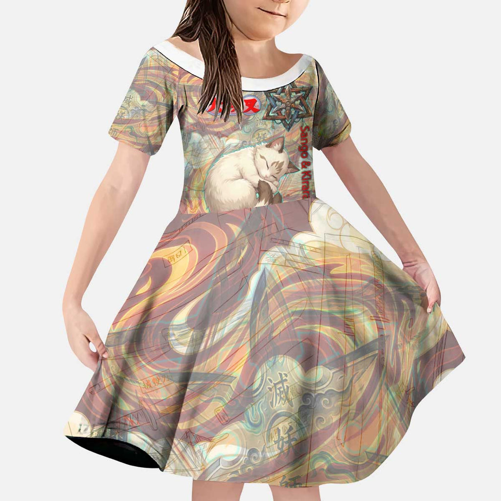 Sango and Kirara Inuyasha Series Kid Short Sleeve Dress Mythical Anime Style with Flame and Scale Motif