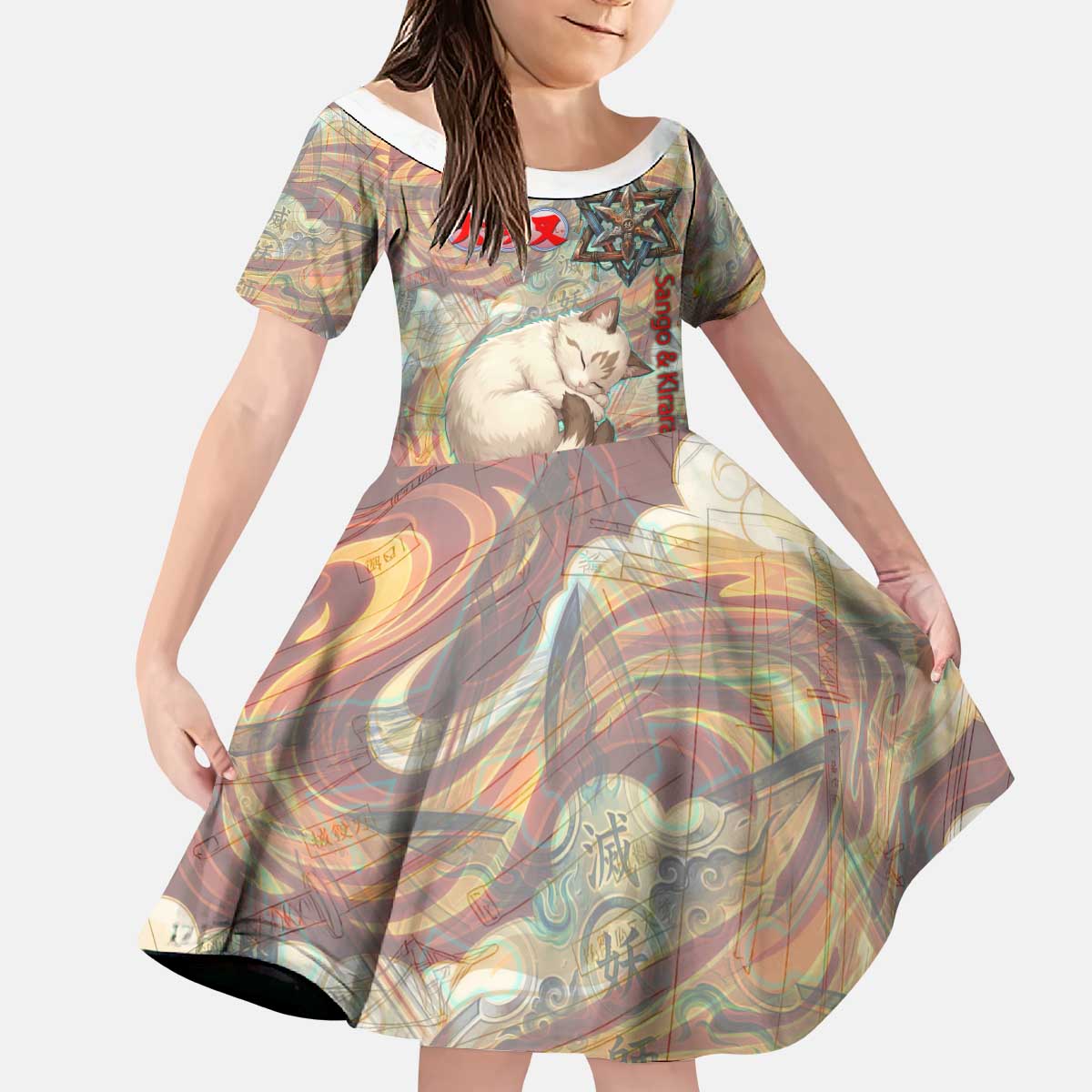 Sango and Kirara Inuyasha Series Kid Short Sleeve Dress Mythical Anime Style with Flame and Scale Motif