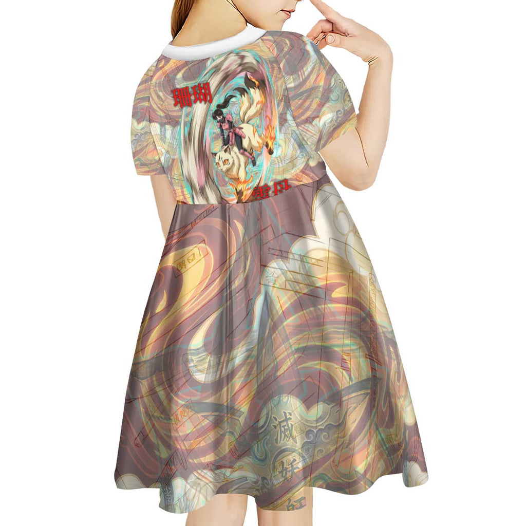 Sango and Kirara Inuyasha Series Kid Short Sleeve Dress Mythical Anime Style with Flame and Scale Motif