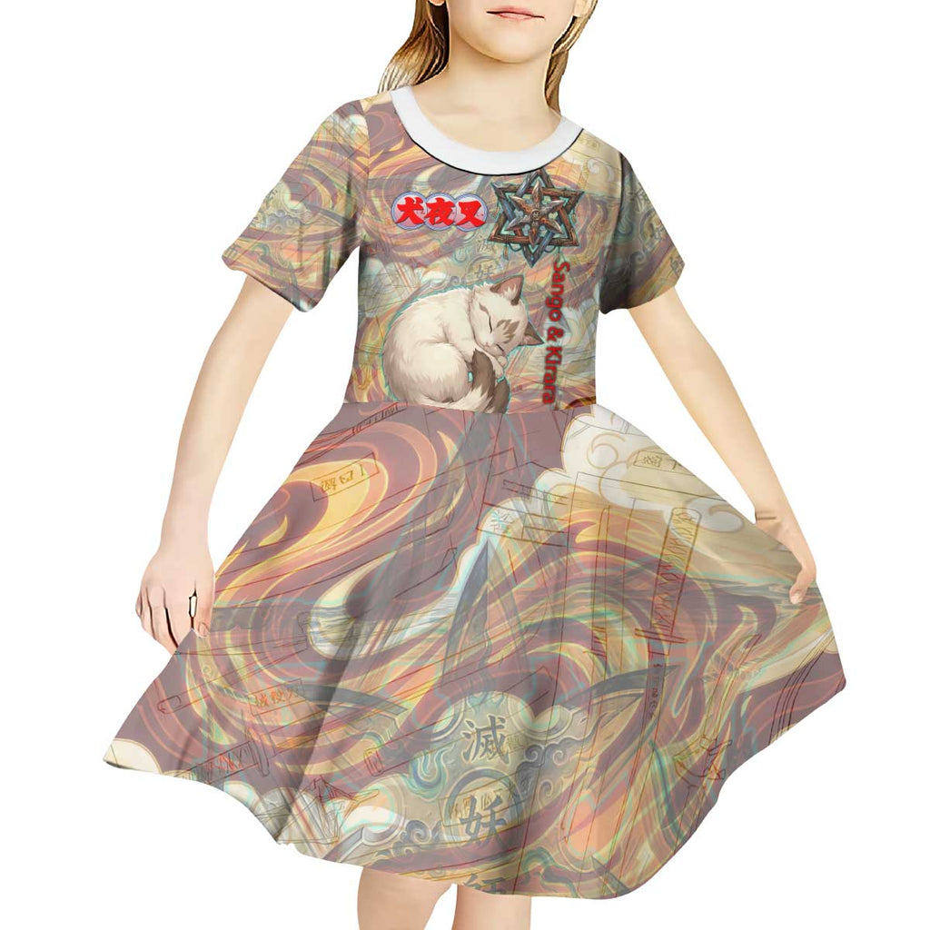 Sango and Kirara Inuyasha Series Kid Short Sleeve Dress Mythical Anime Style with Flame and Scale Motif