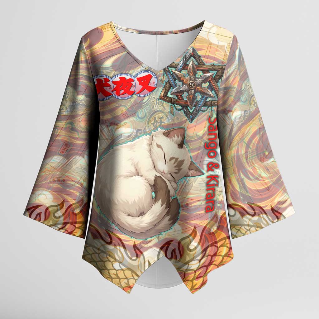 Sango and Kirara Inuyasha Series Kimono Sleeve Blouse Mythical Anime Style with Flame and Scale Motif