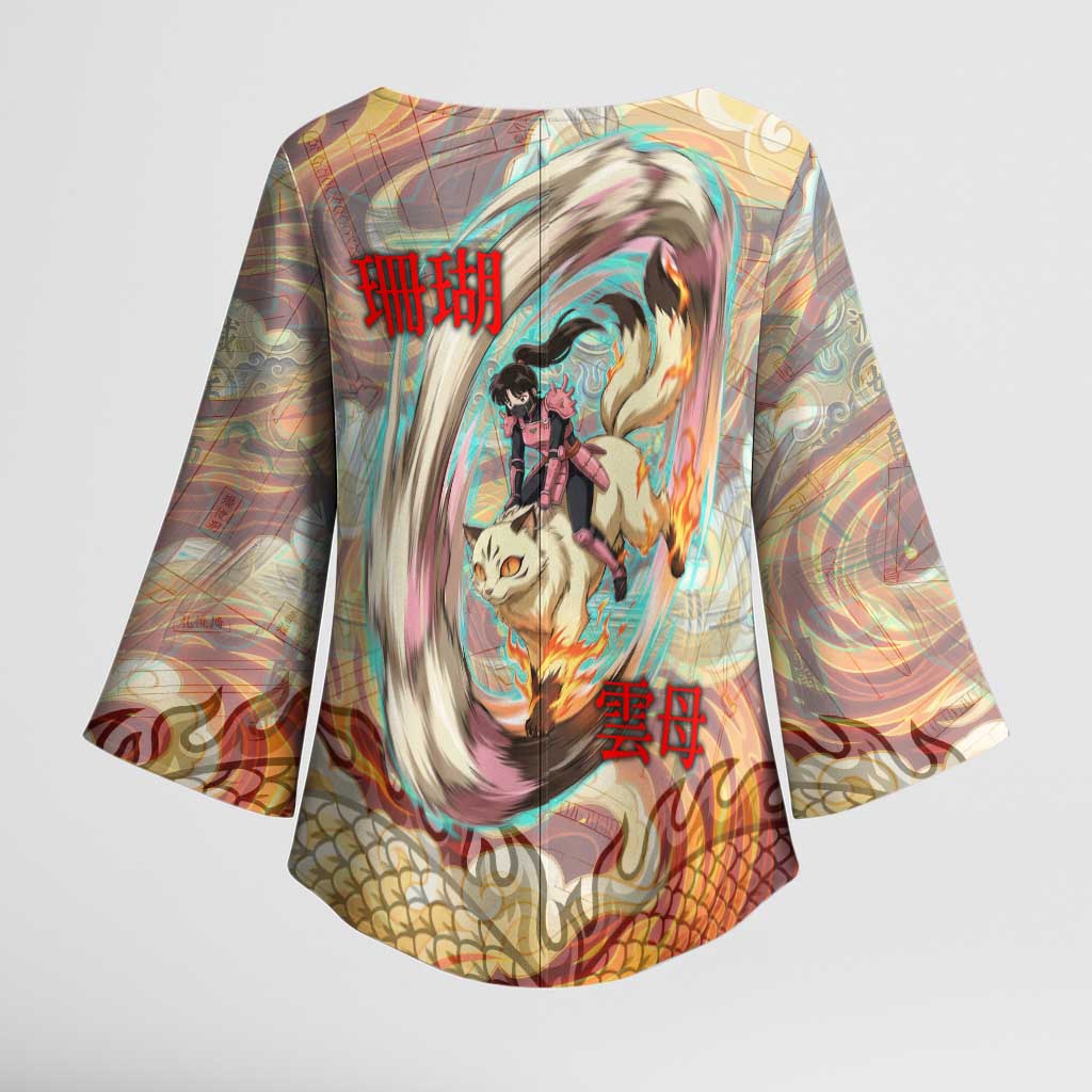 Sango and Kirara Inuyasha Series Kimono Sleeve Blouse Mythical Anime Style with Flame and Scale Motif