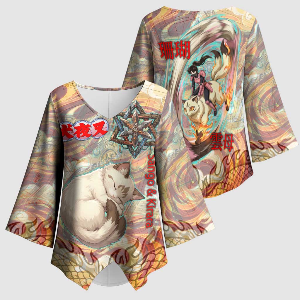 Sango and Kirara Inuyasha Series Kimono Sleeve Blouse Mythical Anime Style with Flame and Scale Motif