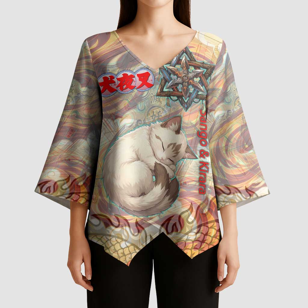 Sango and Kirara Inuyasha Series Kimono Sleeve Blouse Mythical Anime Style with Flame and Scale Motif