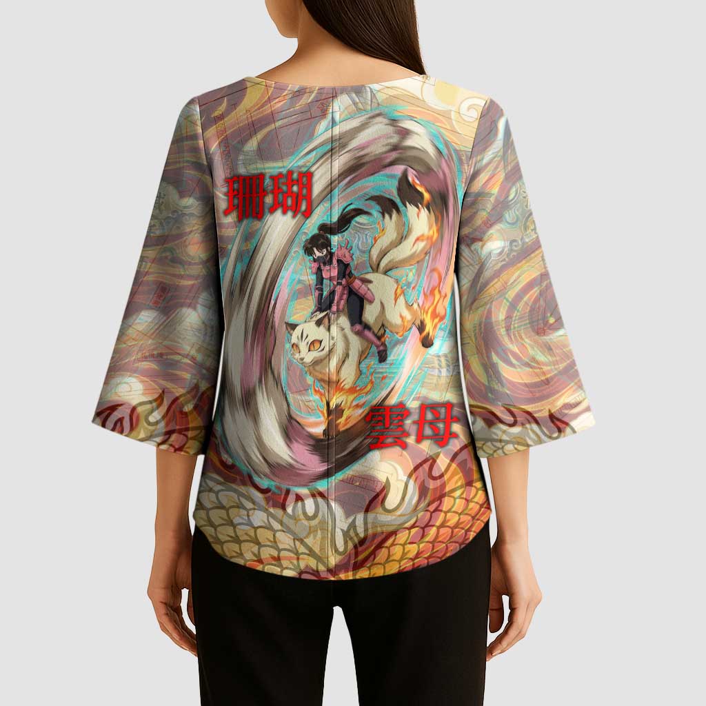 Sango and Kirara Inuyasha Series Kimono Sleeve Blouse Mythical Anime Style with Flame and Scale Motif