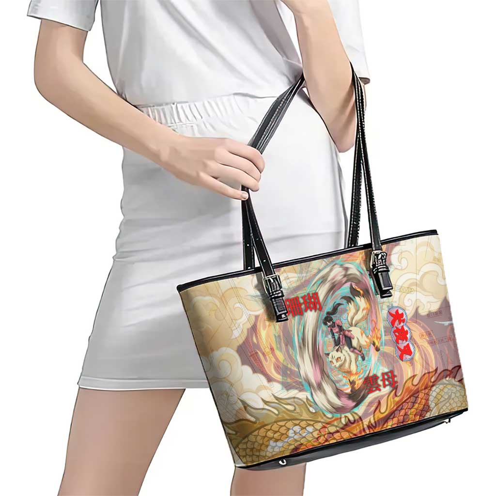 Sango and Kirara Inuyasha Series Leather Tote Bag Mythical Anime Style with Flame and Scale Motif