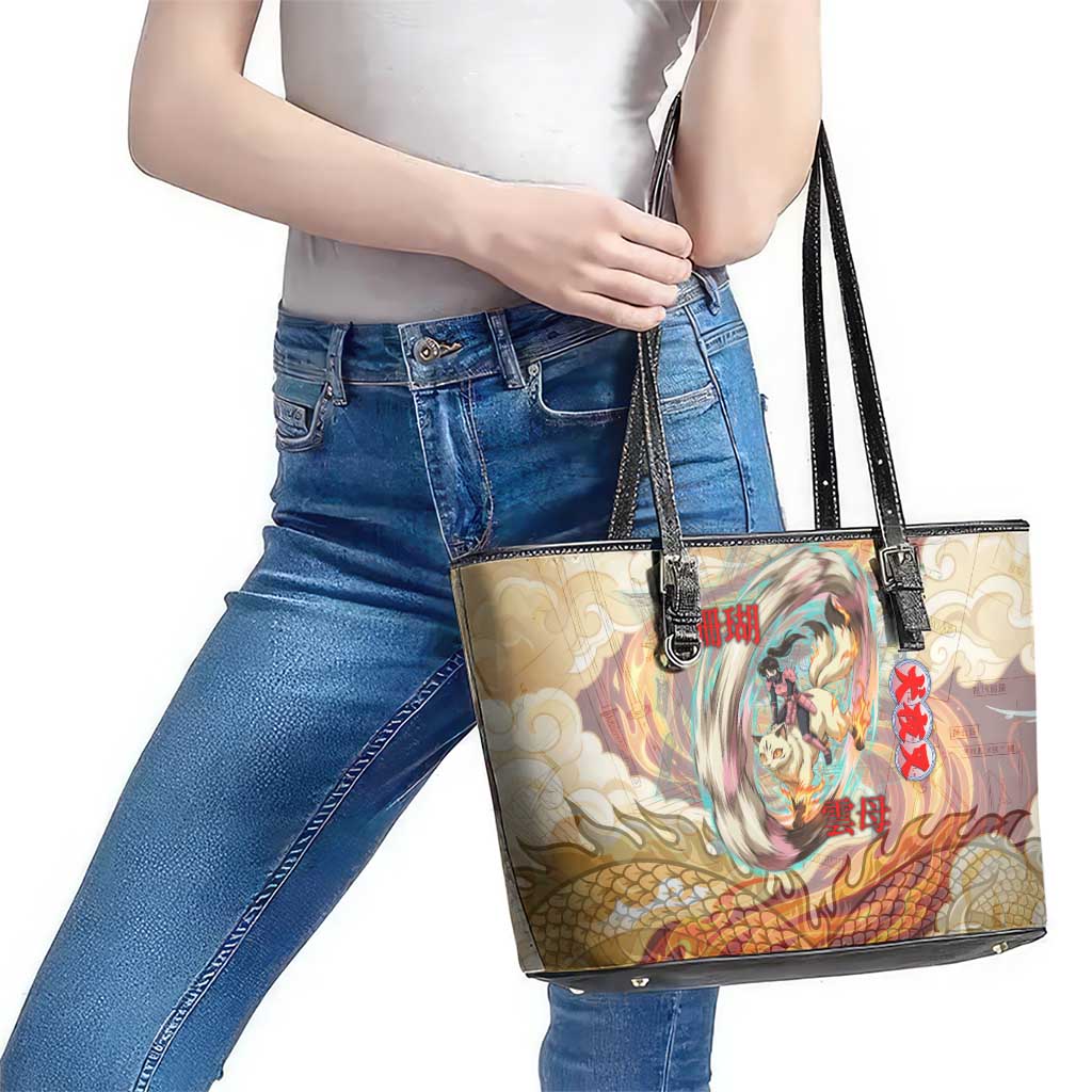 Sango and Kirara Inuyasha Series Leather Tote Bag Mythical Anime Style with Flame and Scale Motif