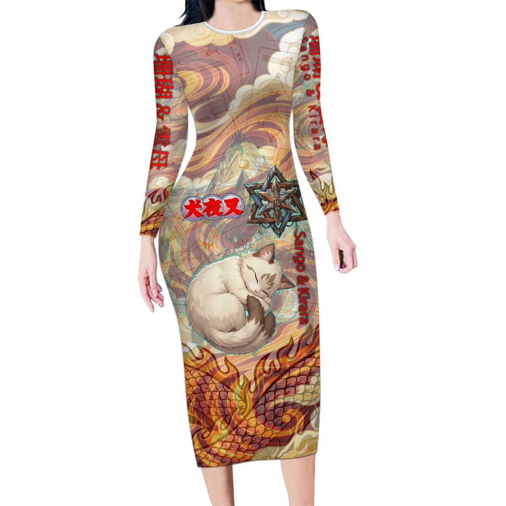 Sango and Kirara Inuyasha Series Long Sleeve Bodycon Dress Mythical Anime Style with Flame and Scale Motif