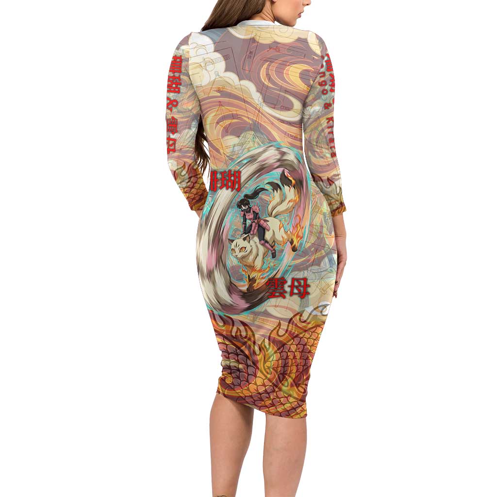 Sango and Kirara Inuyasha Series Long Sleeve Bodycon Dress Mythical Anime Style with Flame and Scale Motif